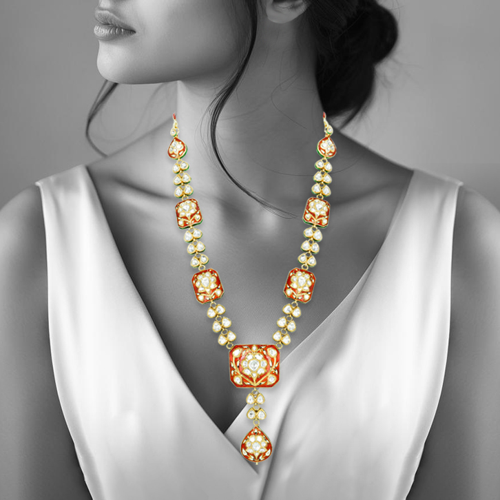 Polki Necklace with Red Enamel and Drop Pendant